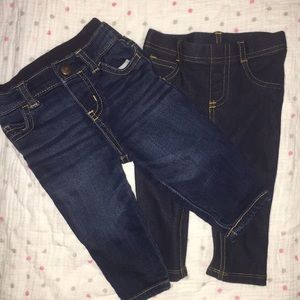 (2) 6 month and 3 month baby girl jeans, stretchy.